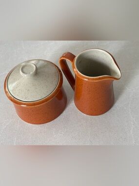 Retro MCM 1970s Premiere DuraStone Tangerine Orange Creamer Sugar Bowl Set Japan